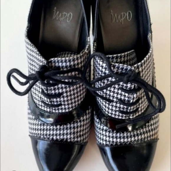 Vintage Impo Black White Plaid Oxford Heels Lace Up Ankle booties Retro US 7.5 - Picture 5 of 11